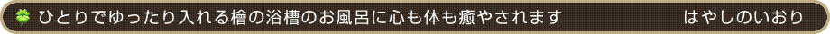 ひとりでゆったり入れる檜の浴槽のお風呂に心も体も癒やされます はやしのいおり